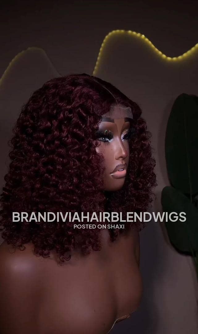 Burgundy Curly Bob Human Hair Blend Wig photo 1