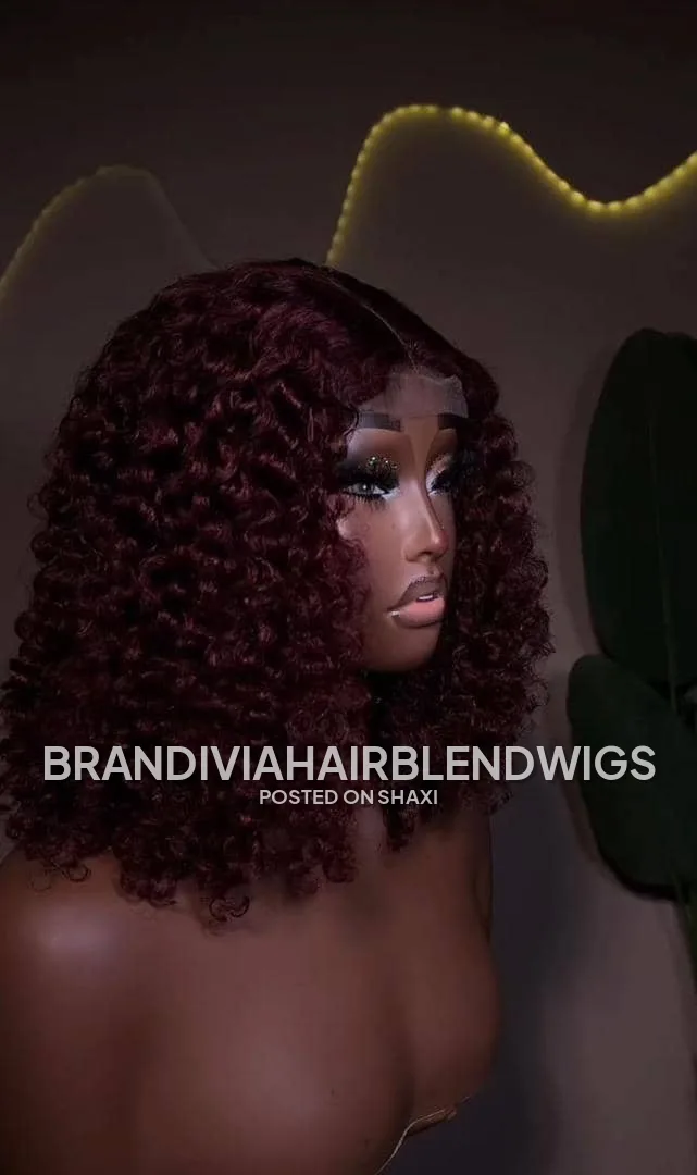 Burgundy Curly Bob Human Hair Blend Wig photo 2