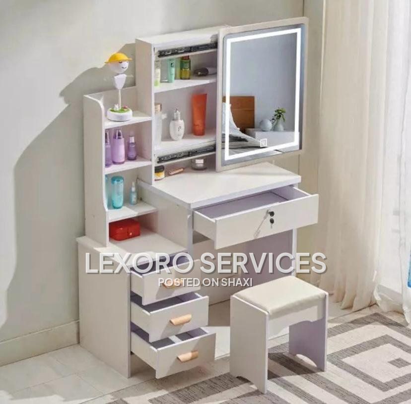 Dresser Mirror Carbinet Set With Chair and LED LIGHT ON THE MIRROR photo 2
