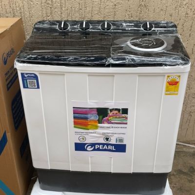 Pearl 12kg Twin Tub Semi-Automatic washing machine, featuring a white and black finish with a transparent lid and rotary controls.